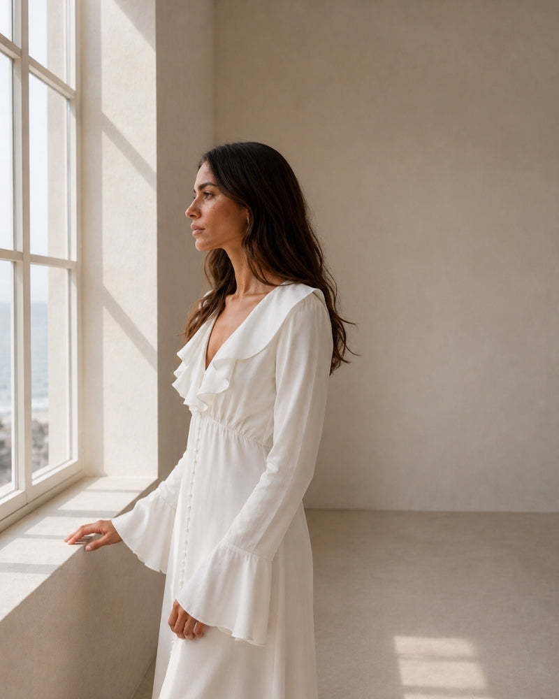 Ruffle Neck Midi Dress with Flared Sleeves and Pearl Buttons