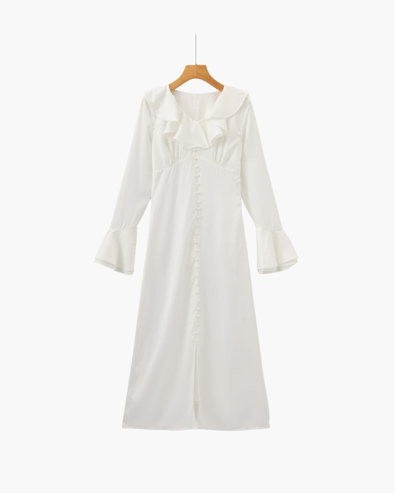 Ruffle Neck Midi Dress with Flared Sleeves and Pearl Buttons