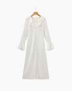 Ruffle Neck Midi Dress with Flared Sleeves and Pearl Buttons