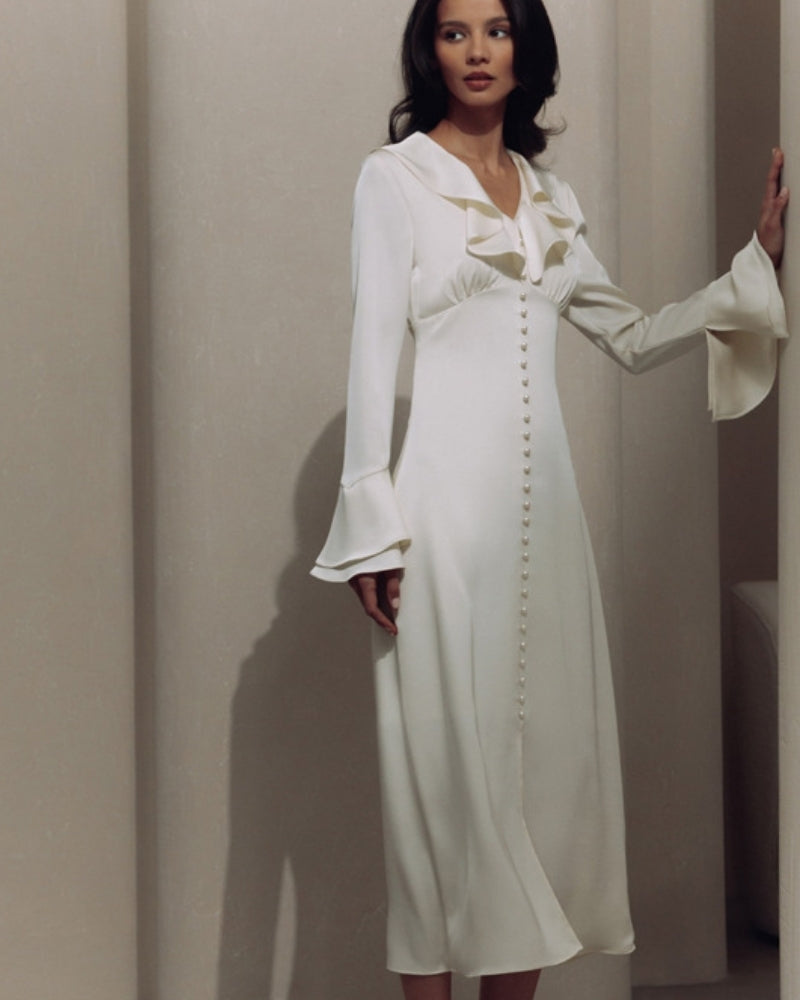 Ruffle Neck Midi Dress with Flared Sleeves and Pearl Buttons