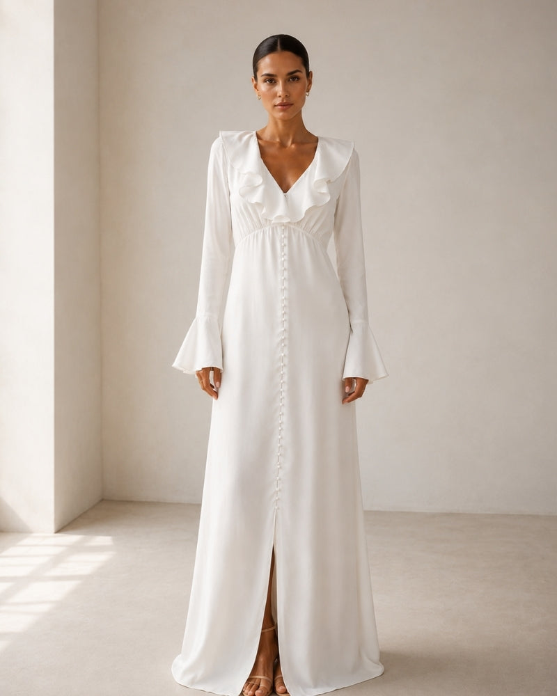 Ruffle Neck Midi Dress with Flared Sleeves and Pearl Buttons