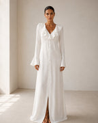 Ruffle Neck Midi Dress with Flared Sleeves and Pearl Buttons