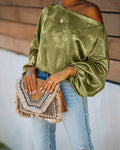 Satin Jacquard Blouse with Skew Neck and Lantern Sleeve - Olive