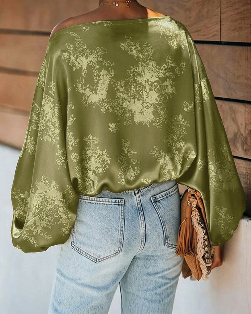 Satin Jacquard Blouse with Skew Neck and Lantern Sleeve - Olive