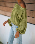 Satin Jacquard Blouse with Skew Neck and Lantern Sleeve - Olive