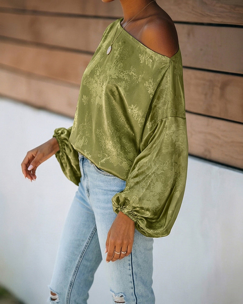 Satin Jacquard Blouse with Skew Neck and Lantern Sleeve - Olive