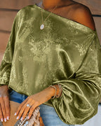 Satin Jacquard Blouse with Skew Neck and Lantern Sleeve - Olive