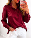 Satin-Look Blouse with Stand Collar and Frill Hem - Burgundy