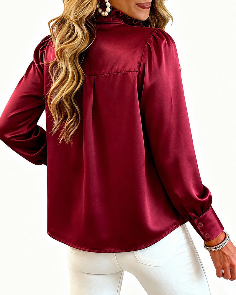 Satin-Look Blouse with Stand Collar and Frill Hem - Burgundy