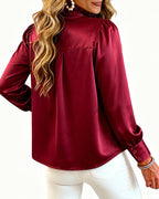 Satin-Look Blouse with Stand Collar and Frill Hem - Burgundy