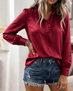Satin-Look Blouse with Stand Collar and Frill Hem - Burgundy