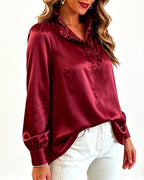 Satin-Look Blouse with Stand Collar and Frill Hem - Burgundy