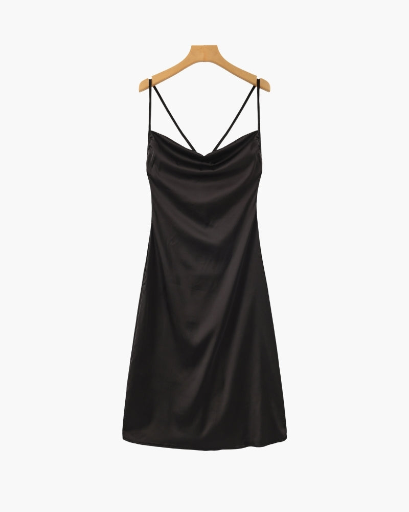 Satin-Look Cowl Neck Slip Dress with Adjustable Straps - Black