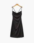 Satin-Look Cowl Neck Slip Dress with Adjustable Straps - Black