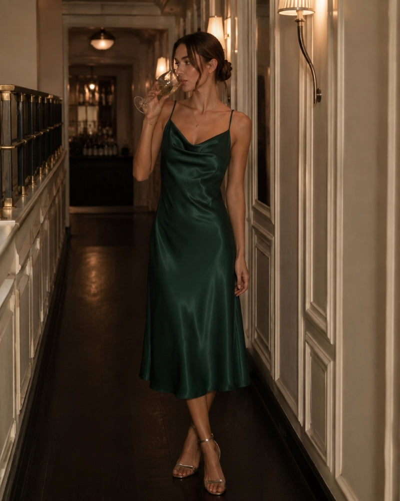 Satin-Look Cowl Neck Slip Dress with Adjustable Straps