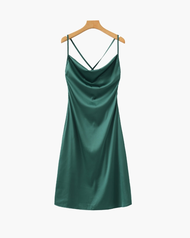Satin-Look Cowl Neck Slip Dress with Adjustable Straps - Green