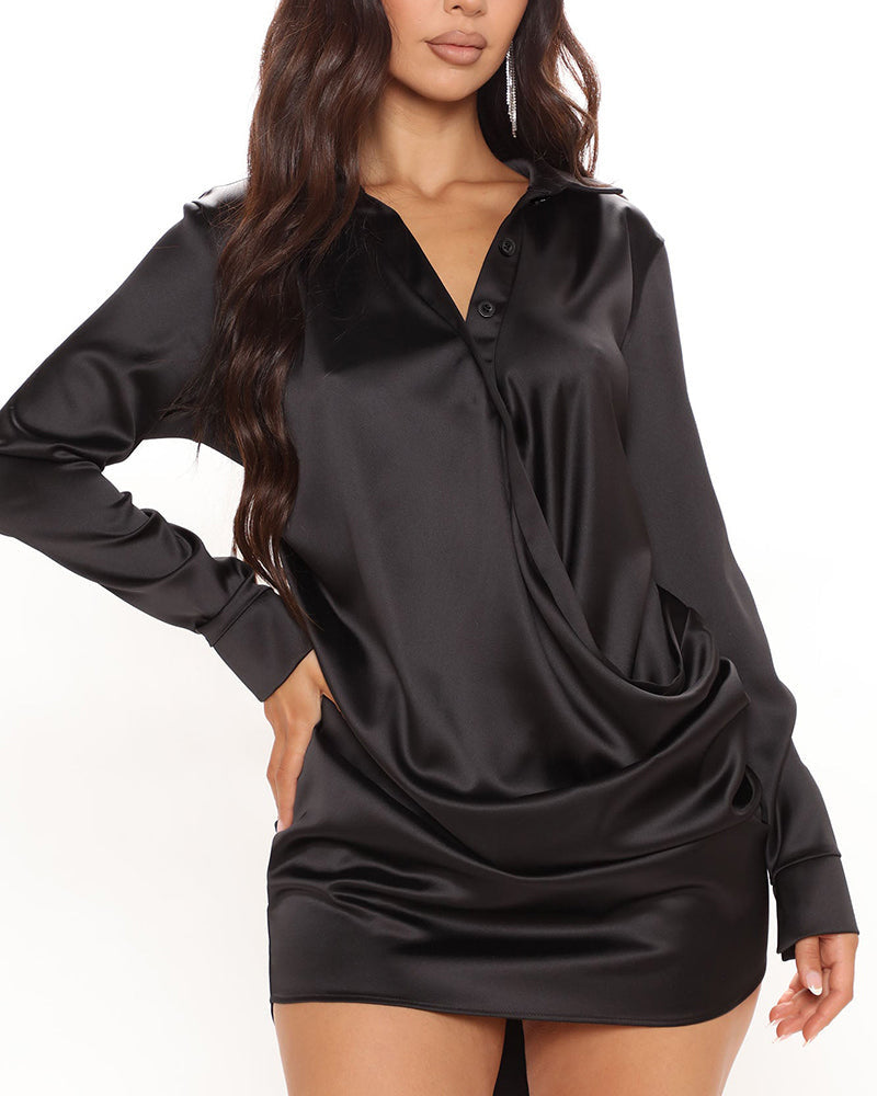 Satin-Look Shirt Dress with V Neck and Ruched Waist - Black