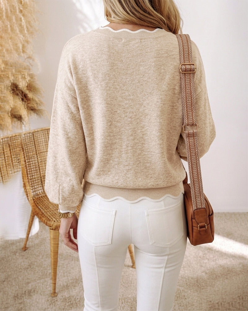 Scallop-Trim Knit Top with V Neck and Lantern Sleeve - Khaki