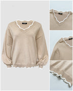 Scallop-Trim Knit Top with V Neck and Lantern Sleeve - Khaki