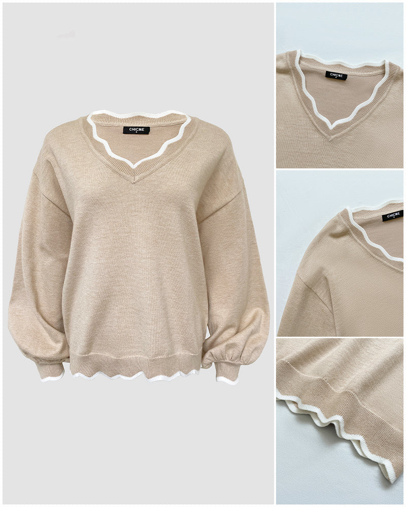 Scallop-Trim Knit Top with V Neck and Lantern Sleeve - Khaki