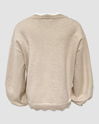 Scallop-Trim Knit Top with V Neck and Lantern Sleeve - Khaki