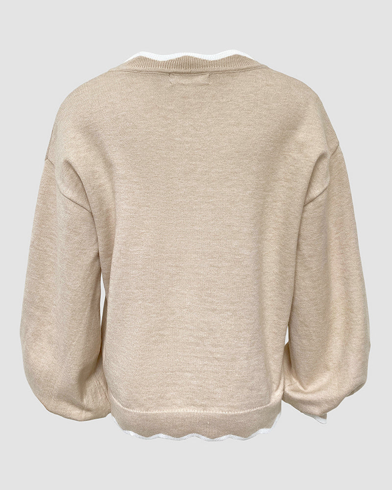Scallop-Trim Knit Top with V Neck and Lantern Sleeve - Khaki