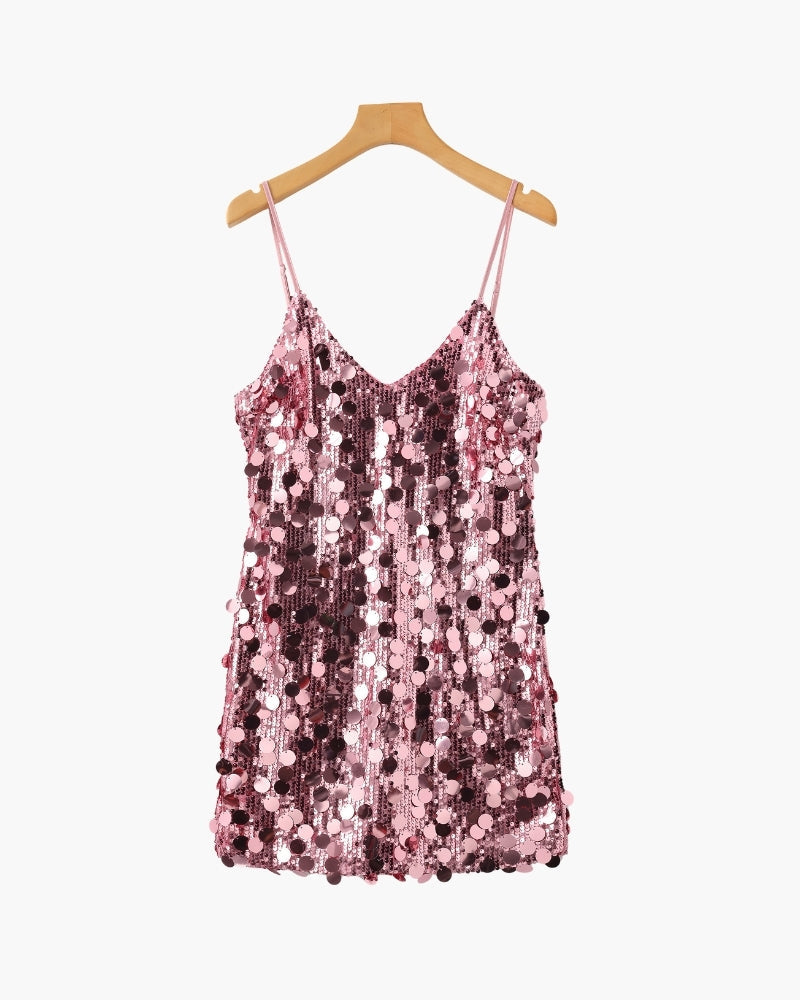 Sequin Mini Dress with Spaghetti Straps and V Neckline - Rose Gold