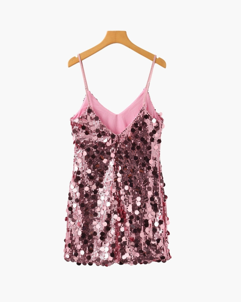 Sequin Mini Dress with Spaghetti Straps and V Neckline