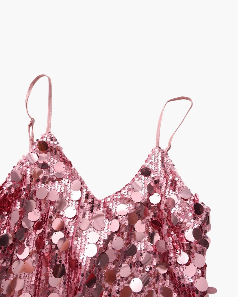 Sequin Mini Dress with Spaghetti Straps and V Neckline