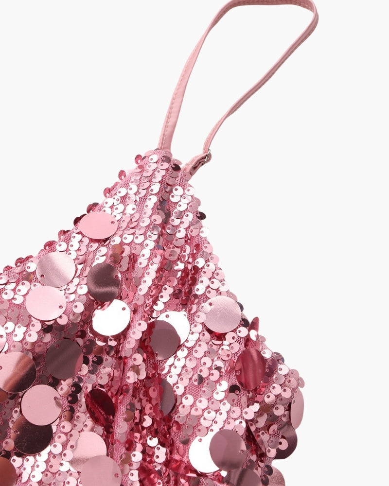 Sequin Mini Dress with Spaghetti Straps and V Neckline