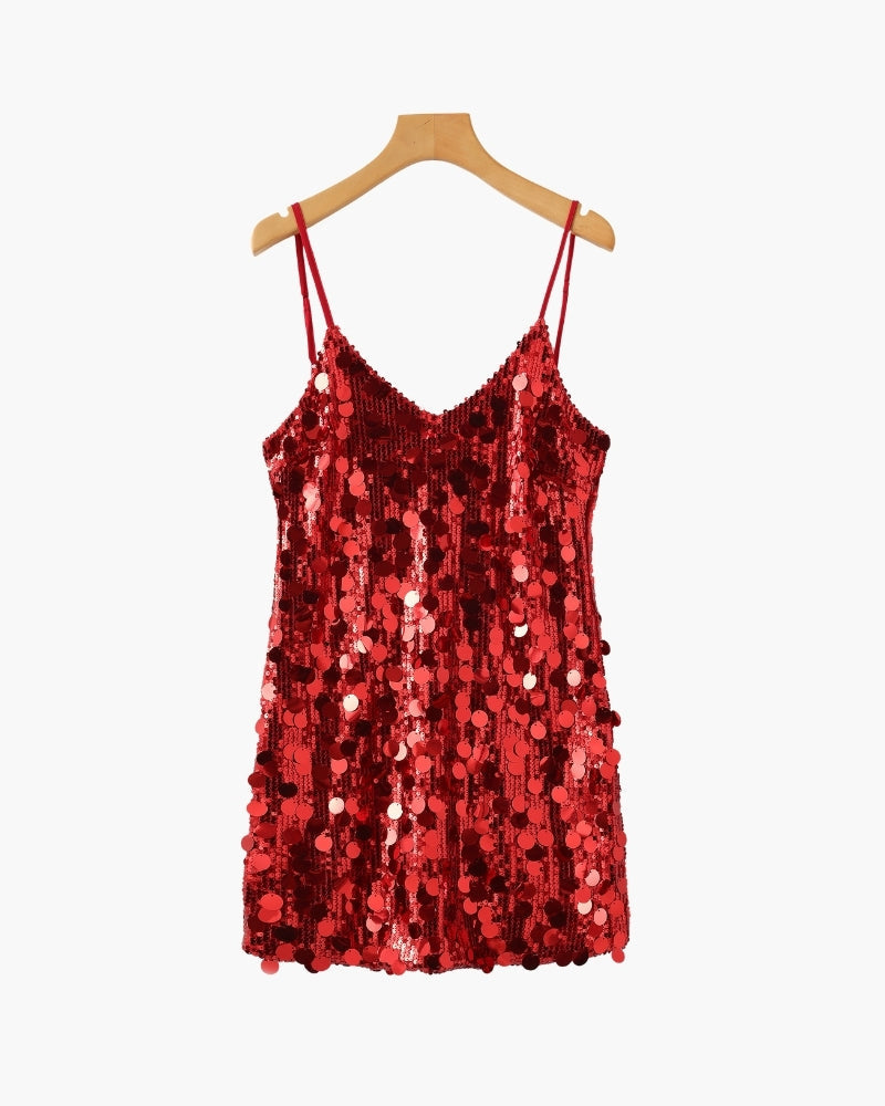 Sequin Mini Dress with Spaghetti Straps and V Neckline - Red