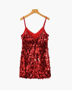 Sequin Mini Dress with Spaghetti Straps and V Neckline