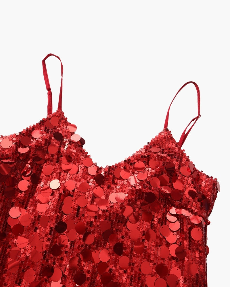 Sequin Mini Dress with Spaghetti Straps and V Neckline