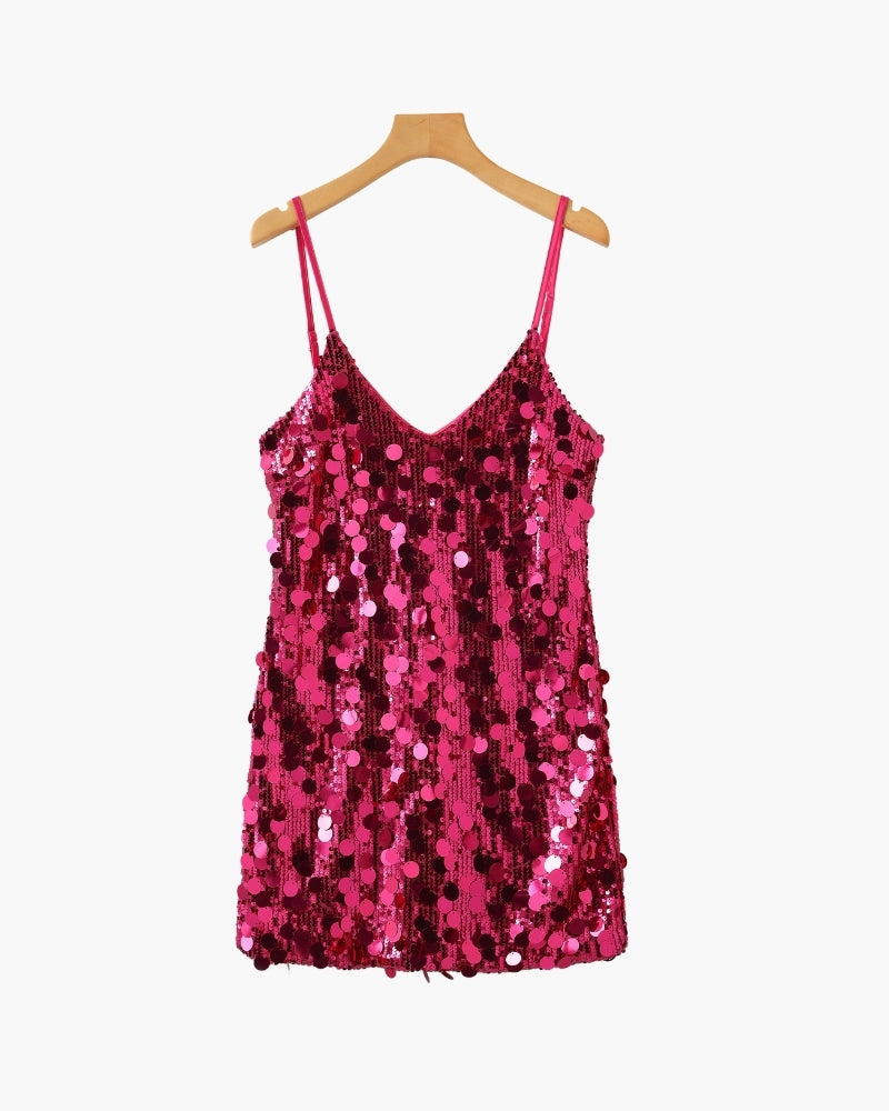 Sequin Mini Dress with Spaghetti Straps and V Neckline - Pink
