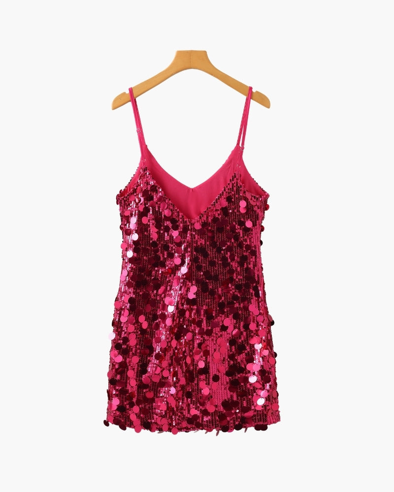 Sequin Mini Dress with Spaghetti Straps and V Neckline