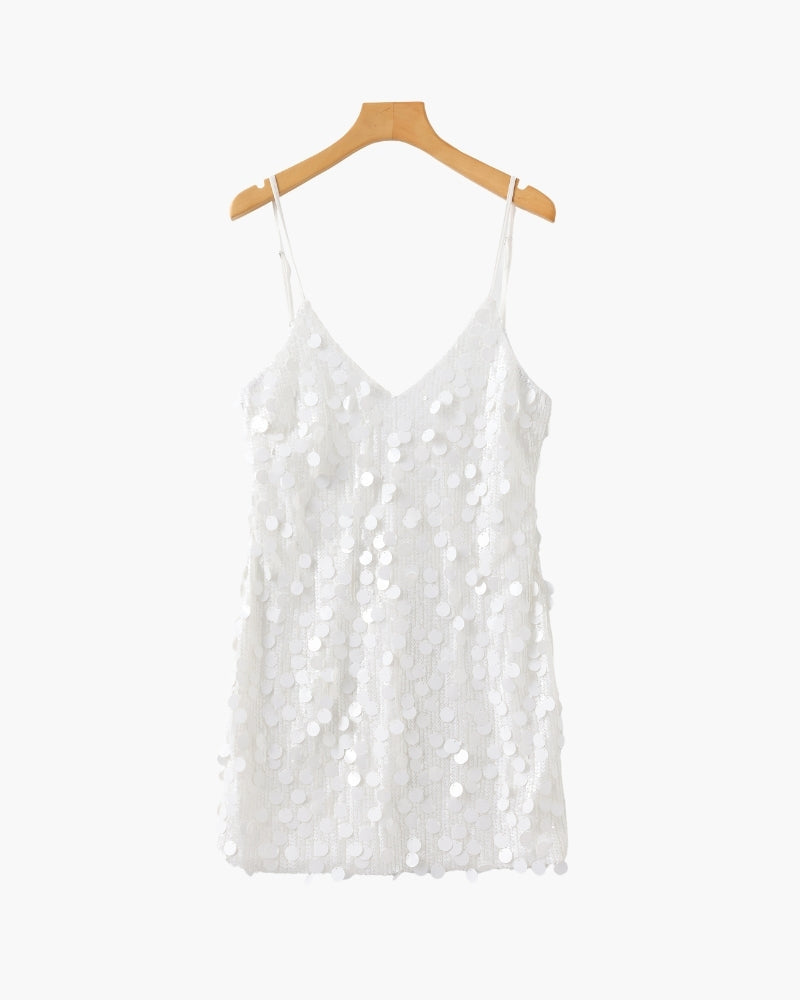 Sequin Mini Dress with Spaghetti Straps and V Neckline
