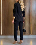 Shawl-Collar Blazer Coat and Drawstring Trouser Set - Black