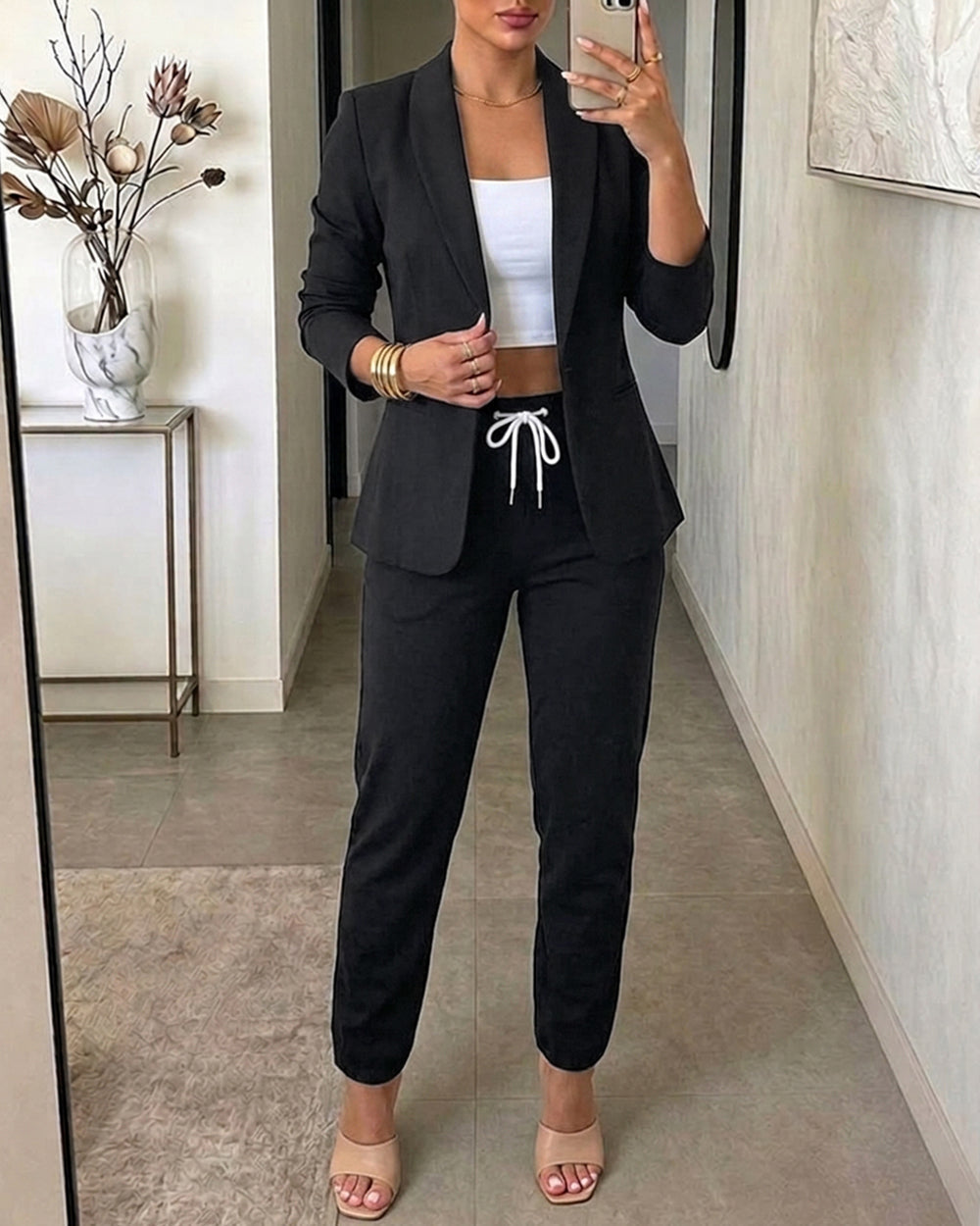 Shawl-Collar Blazer Coat and Drawstring Trouser Set - Black