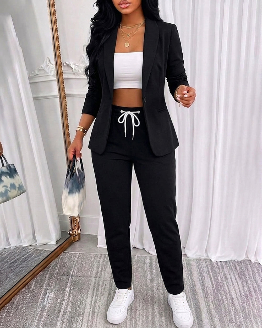 Shawl-Collar Blazer Coat and Drawstring Trouser Set - Black