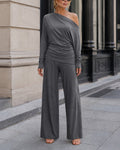 Skew-Neck Ruched Top and Wide-Leg Trouser Set - Dark Gray