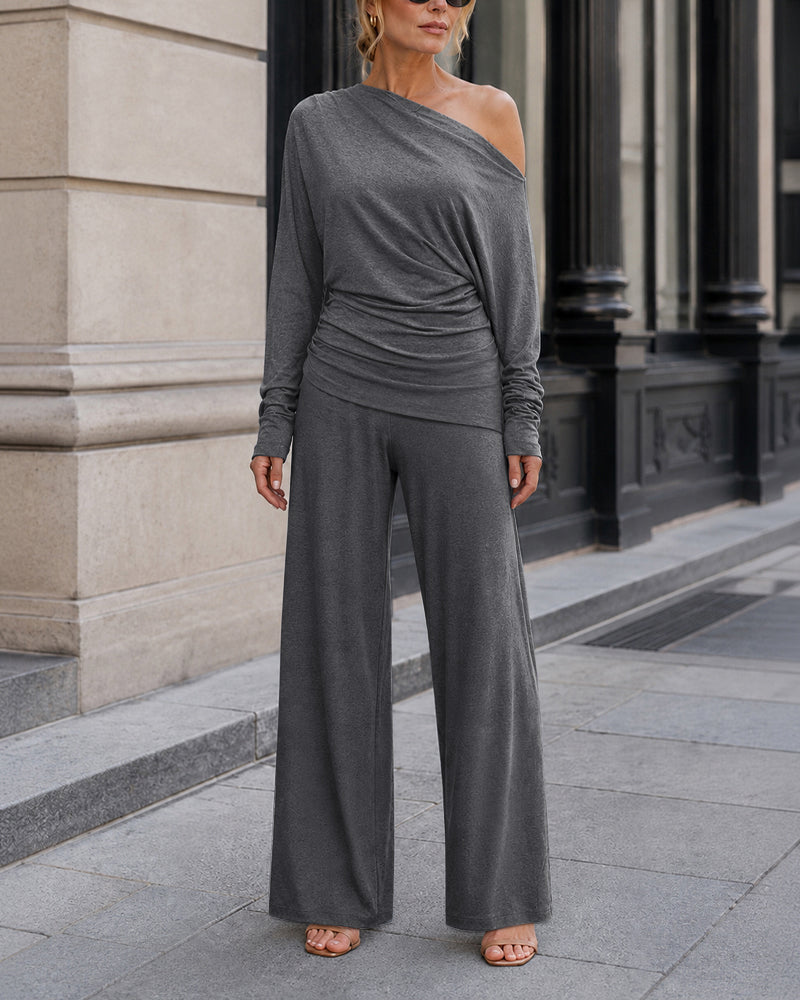 Skew-Neck Ruched Top and Wide-Leg Trouser Set - Dark Gray