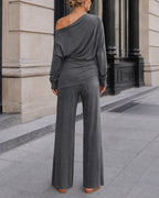 Skew-Neck Ruched Top and Wide-Leg Trouser Set