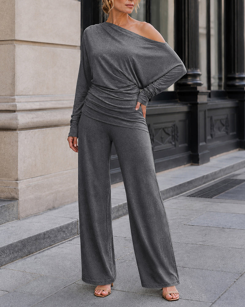 Skew-Neck Ruched Top and Wide-Leg Trouser Set