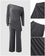 Skew-Neck Ruched Top and Wide-Leg Trouser Set