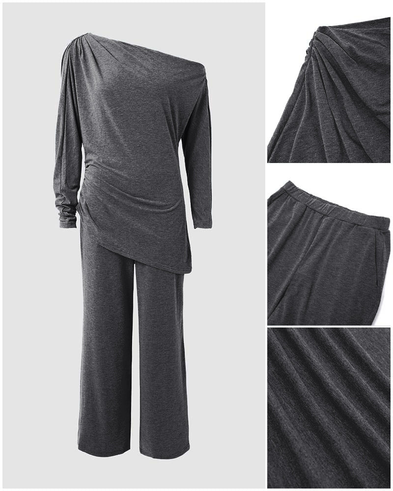 Skew-Neck Ruched Top and Wide-Leg Trouser Set