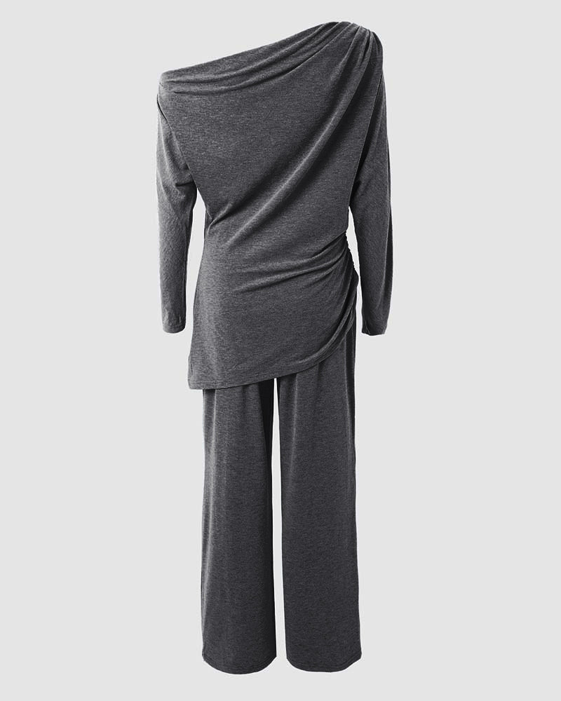 Skew-Neck Ruched Top and Wide-Leg Trouser Set