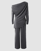 Skew-Neck Ruched Top and Wide-Leg Trouser Set
