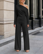 Skew-Neck Ruched Top and Wide-Leg Trouser Set - Black