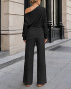 Skew-Neck Ruched Top and Wide-Leg Trouser Set