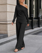 Skew-Neck Ruched Top and Wide-Leg Trouser Set